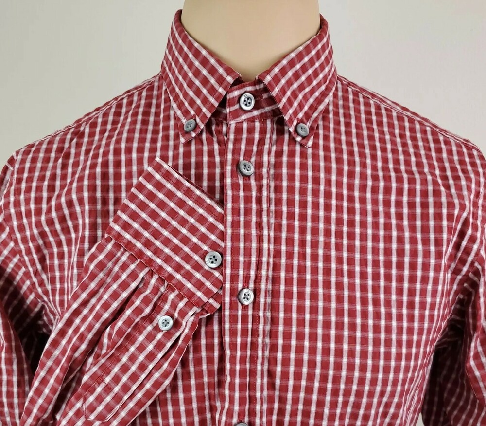 Zegna Sport Slim Fit Mens Gingham Check Red / White Casual Shirt Size Medium